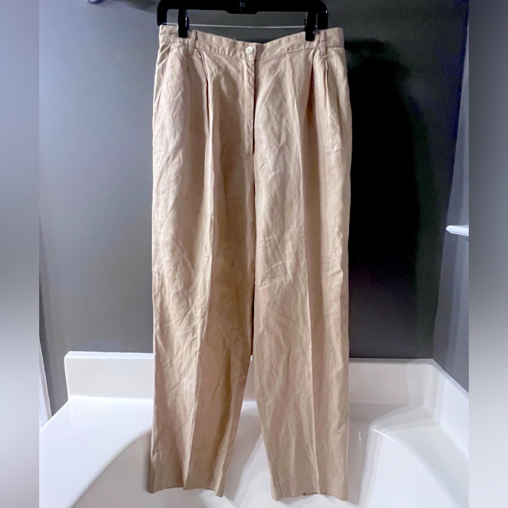 VTG 90s Laura Ashley Gauzy Linen Pleated High Rise Trouser Pants Khaki